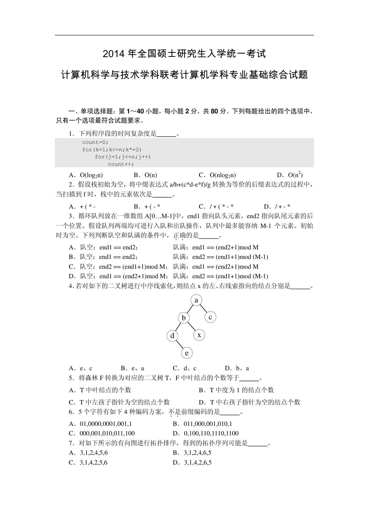 2014 年 408 第 1 题所在原卷页