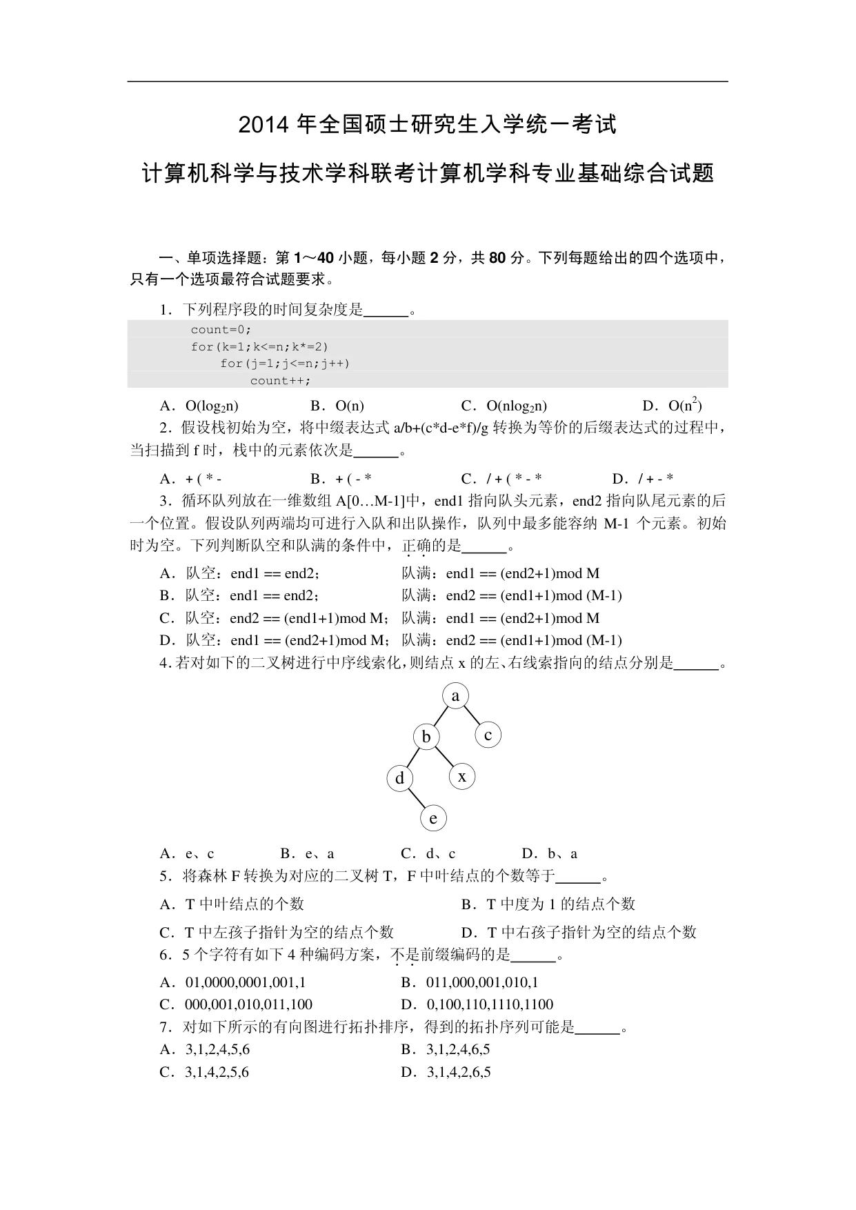2014 年 408 第 1 题所在原卷页