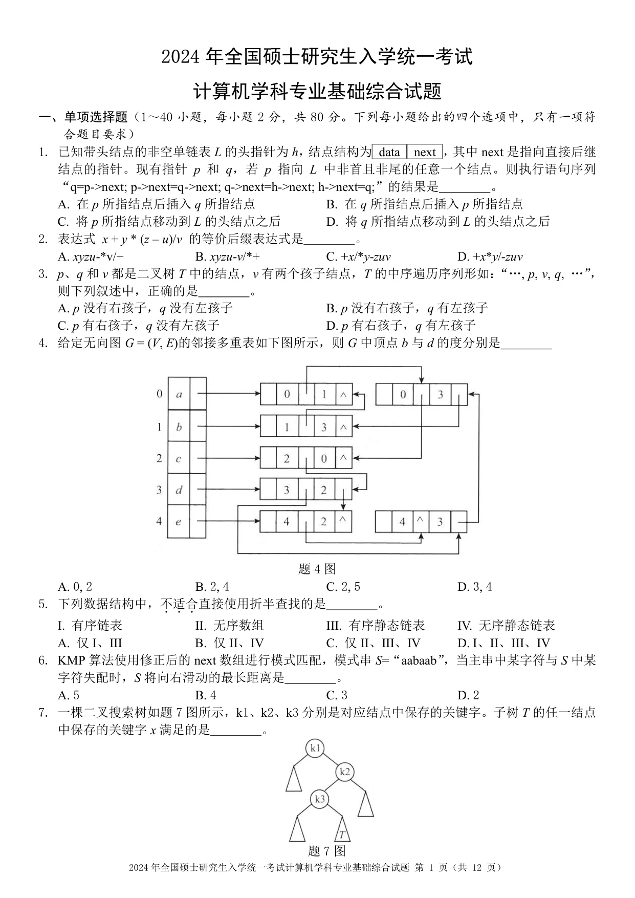 2024 年 408 第 1 题所在原卷页